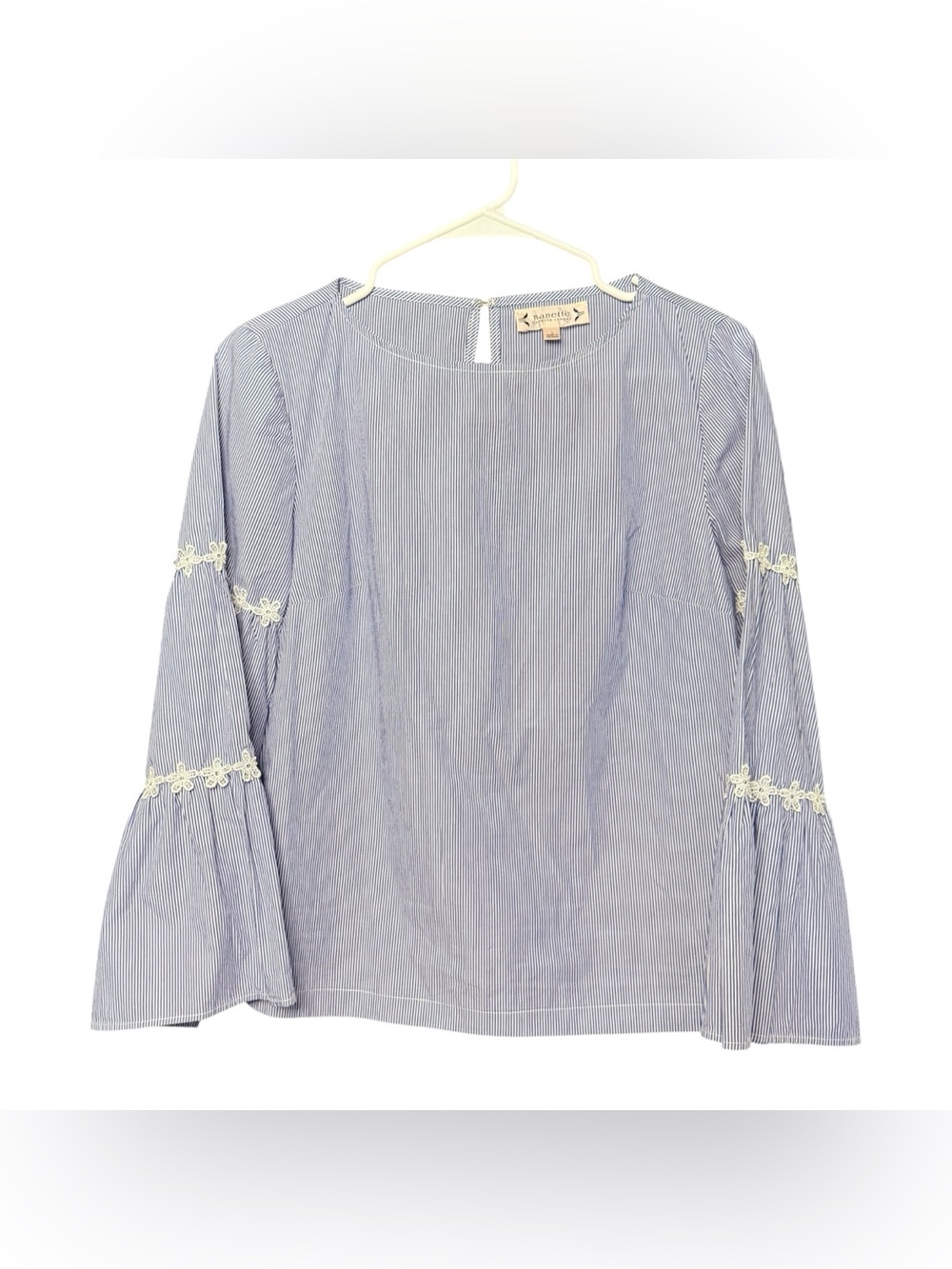 Nanette Lepore Blue and White Pinstripe Lace-Trim Bell Sleeve Blouse